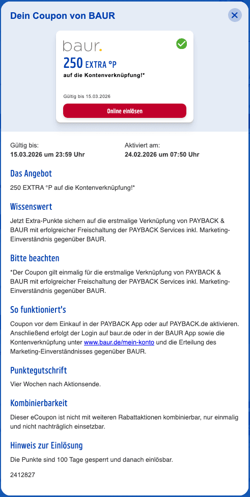 Screenshot des Payback Coupons für die 250 Extra Punkte bei einer Kontoverknüpfung mit baur