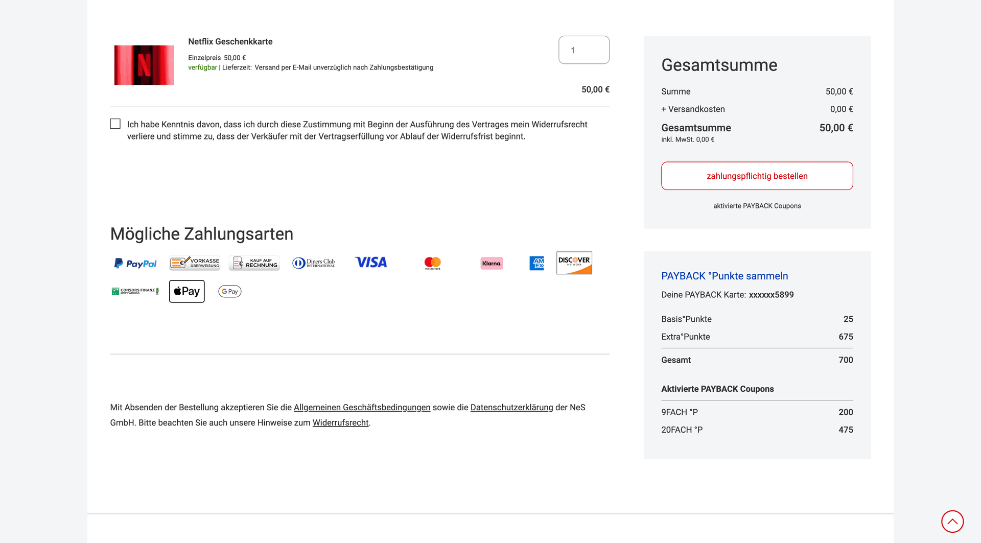 Screenshot des Netto Onlineshops im Warenkorb mit aktiviertem 9-fach-Coupon