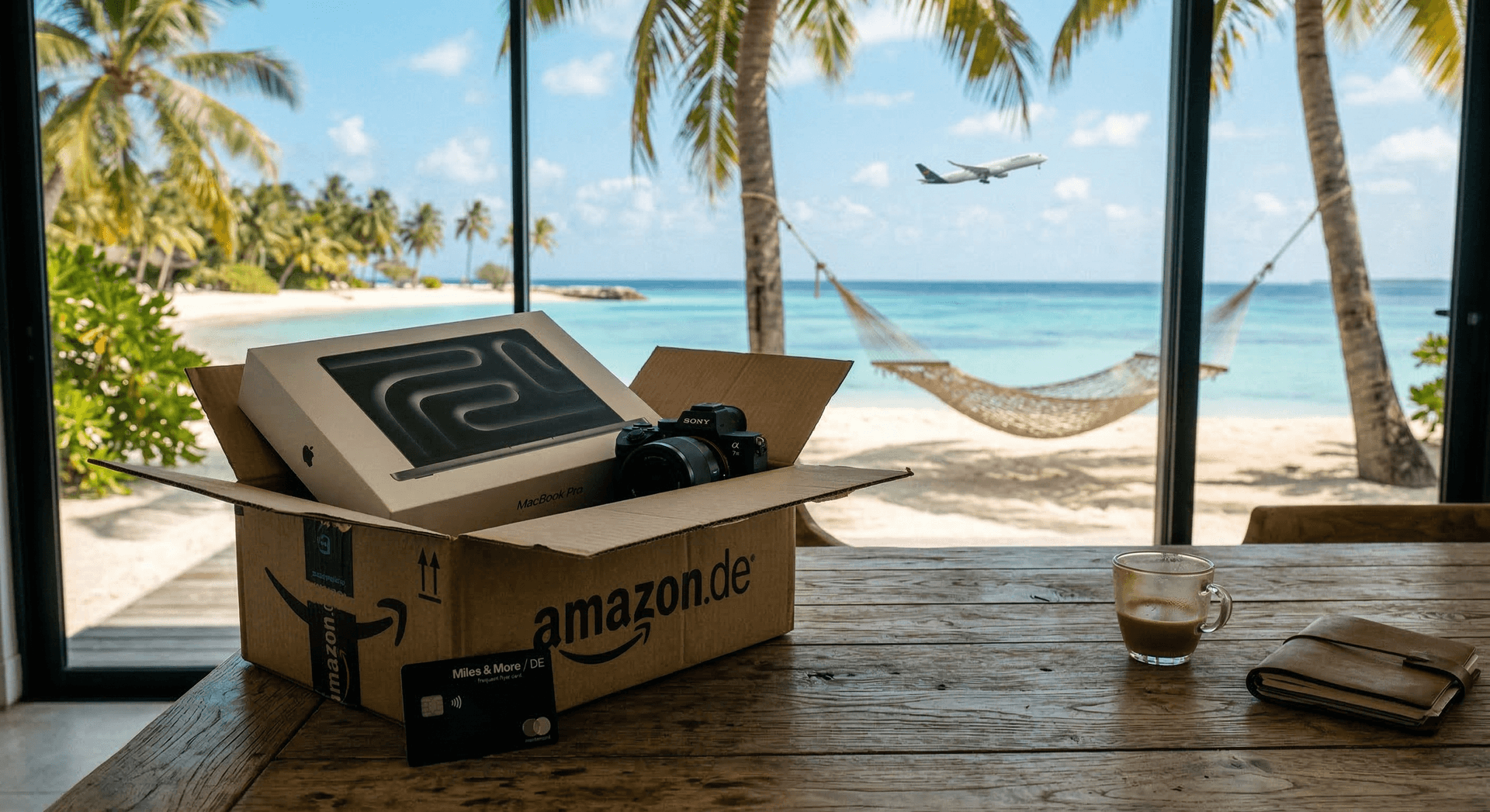 Ein geöffnetes Amazon-Paket mit Technik-Inhalt auf einem Tisch, im Hintergrund ein traumhafter Strandblick aus einer Hängematte.