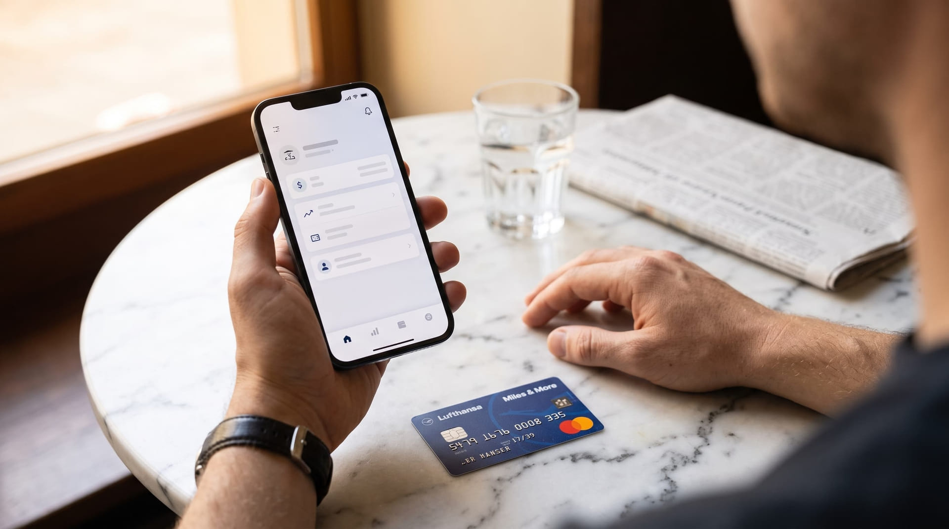 Smartphone mit Banking-App und blaue Kreditkarte auf einem Cafétisch