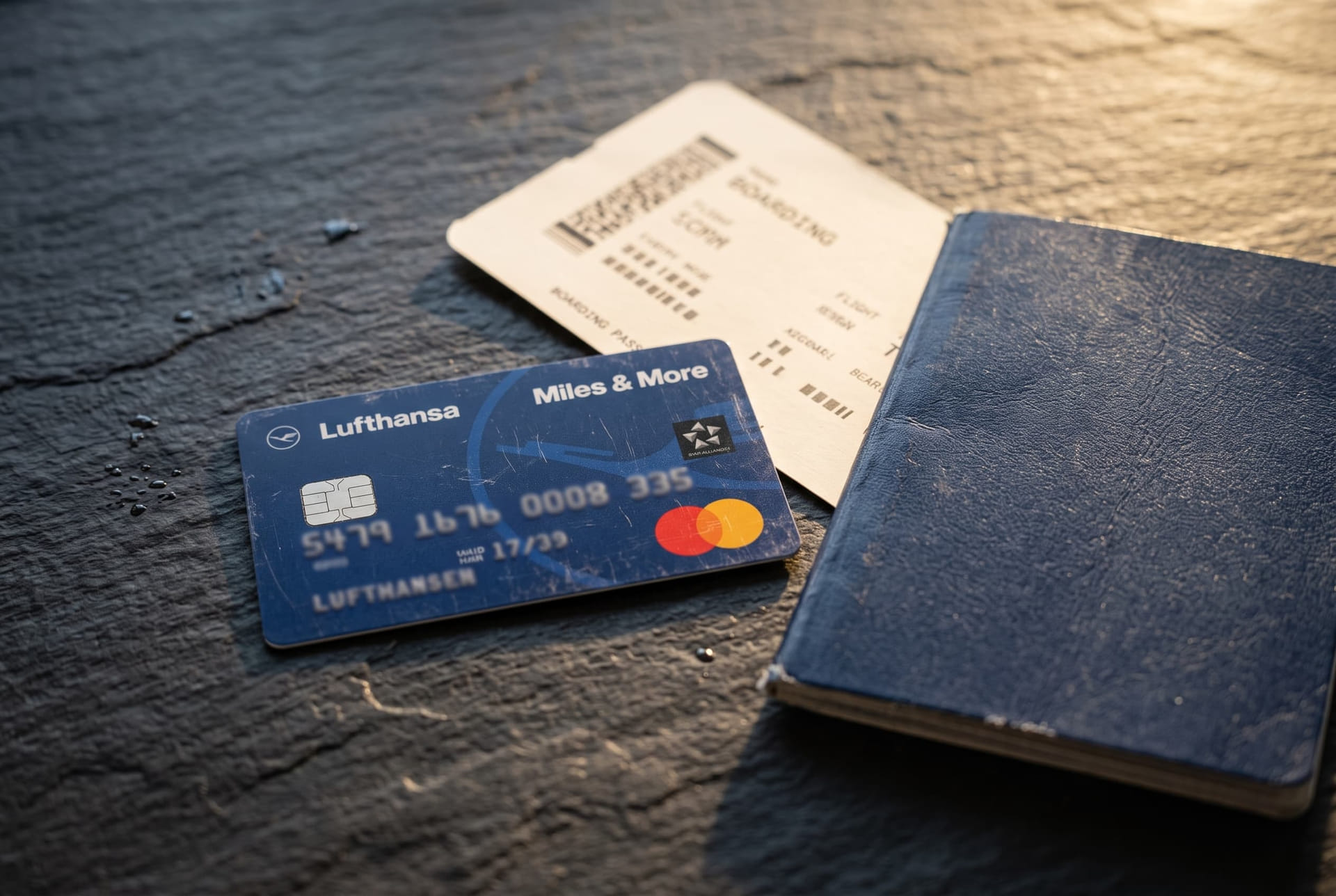 Blaue Kreditkarte neben Boarding Pass und Reisepass auf dunklem Untergrund