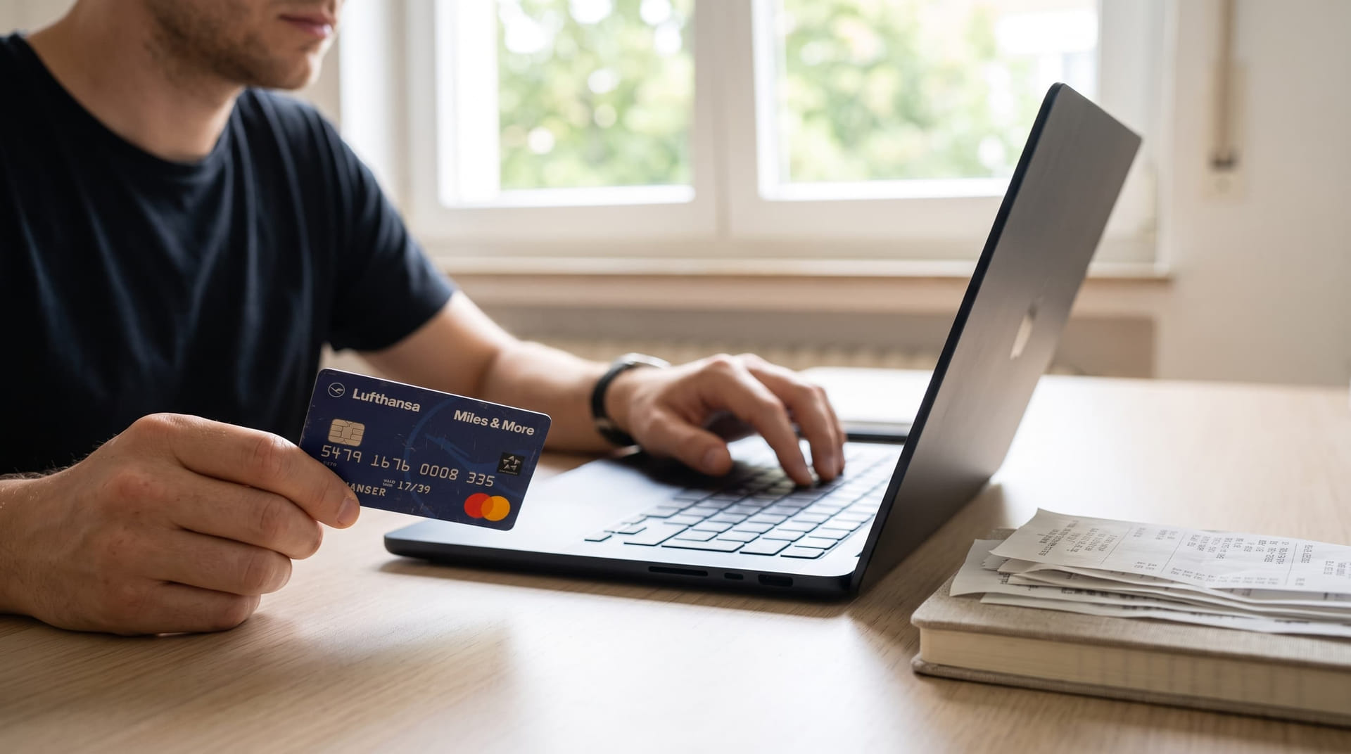 Person bezahlt am Schreibtisch mit Kreditkarte online, daneben Belege und Laptop
