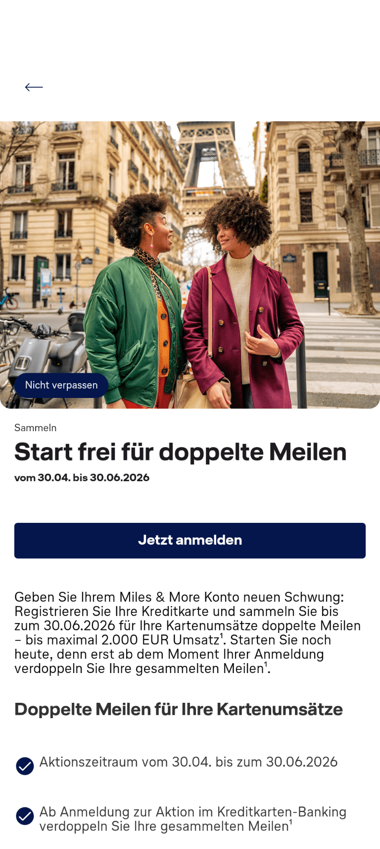 Registrierungs-Button für die doppelte Meilen Aktion in der Miles & More App.