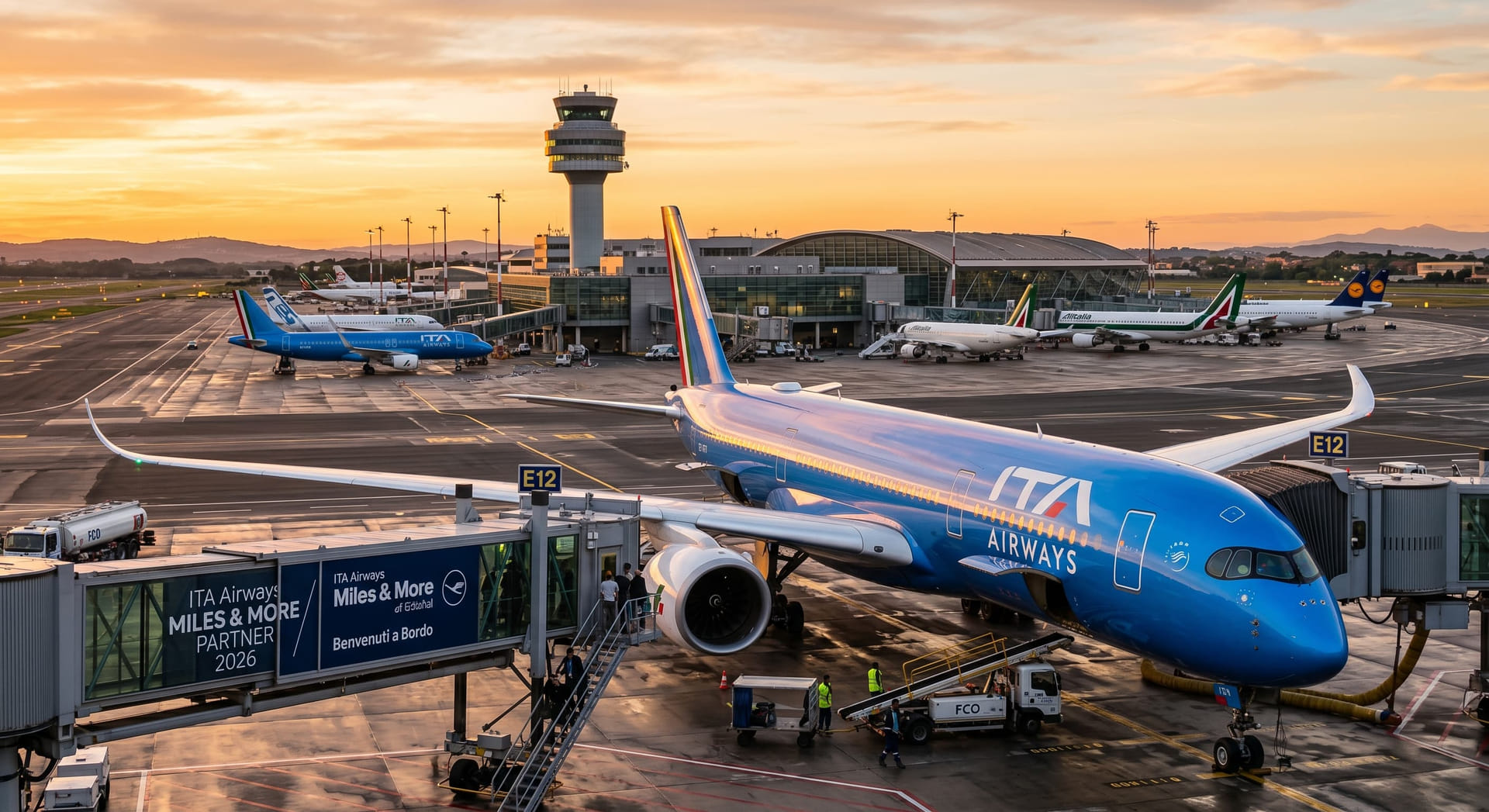 ITA Airways Flugzeug am Flughafen Rom-Fiumicino bei Sonnenuntergang – Miles & More Integration 2026