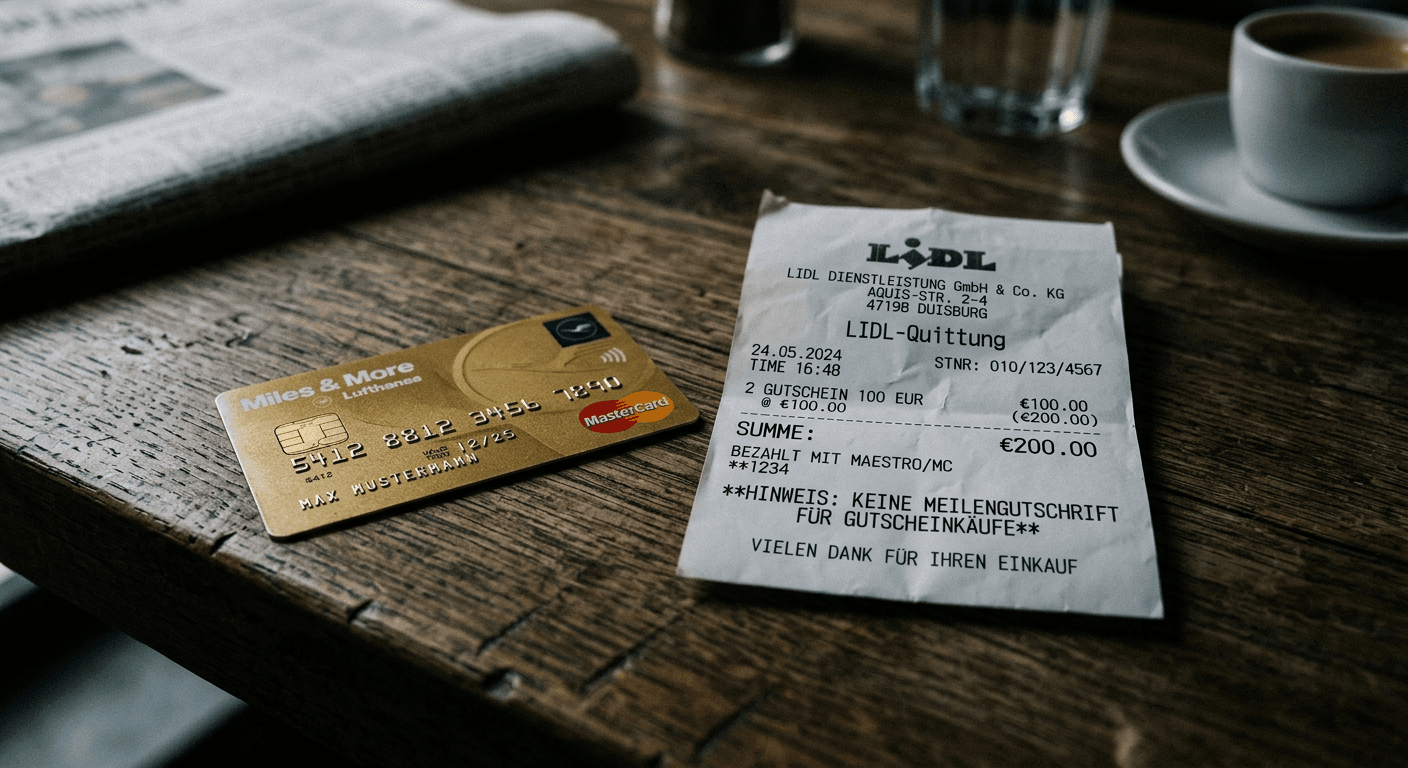 Miles & More Kreditkarte und Lidl-Kassenbon symbolisieren das Ende des Lidl-Gutschein-Hacks.