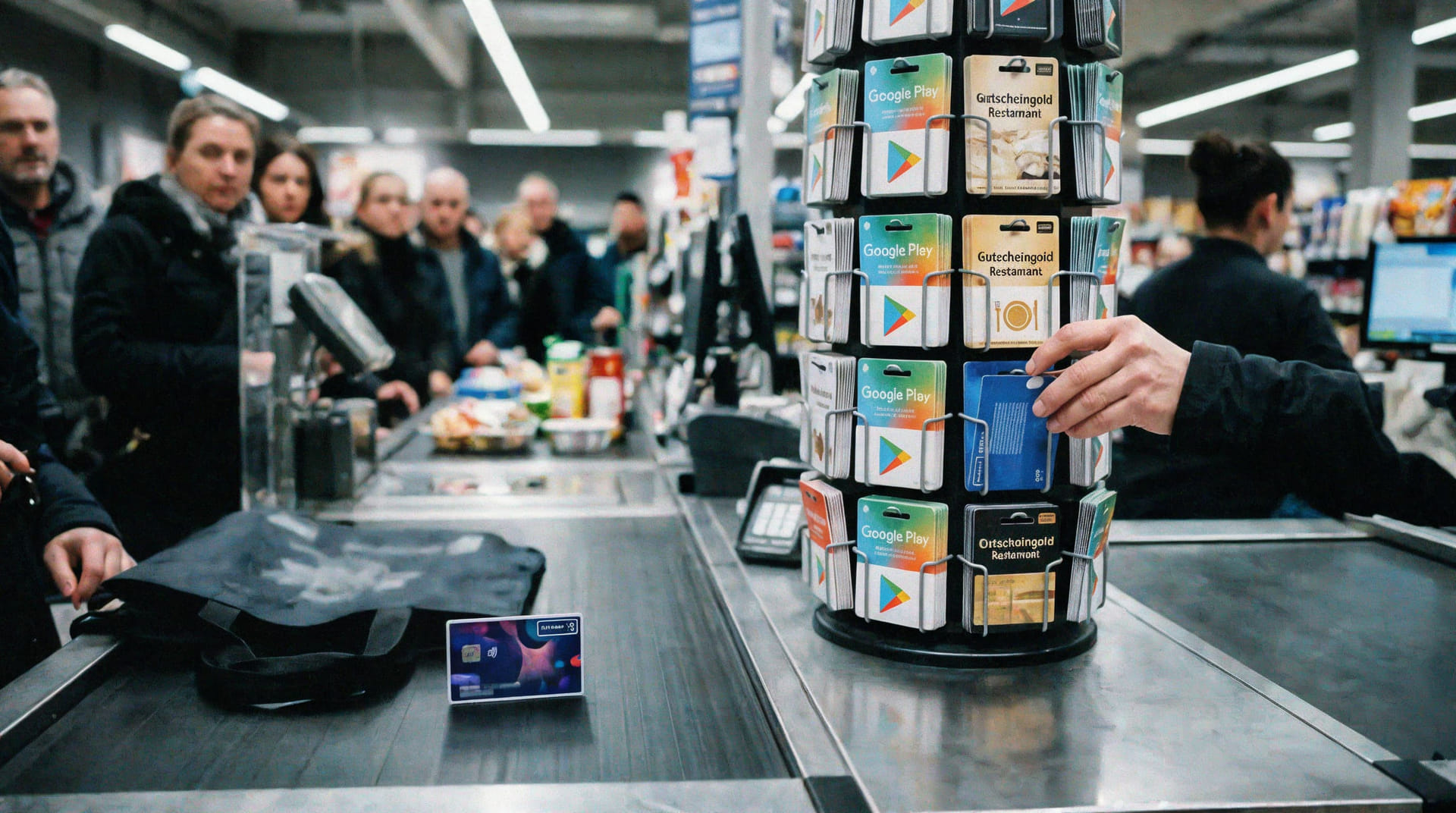 Hand greift am Supermarktregal nach einer Geschenkkarte neben einer Bonuskarte