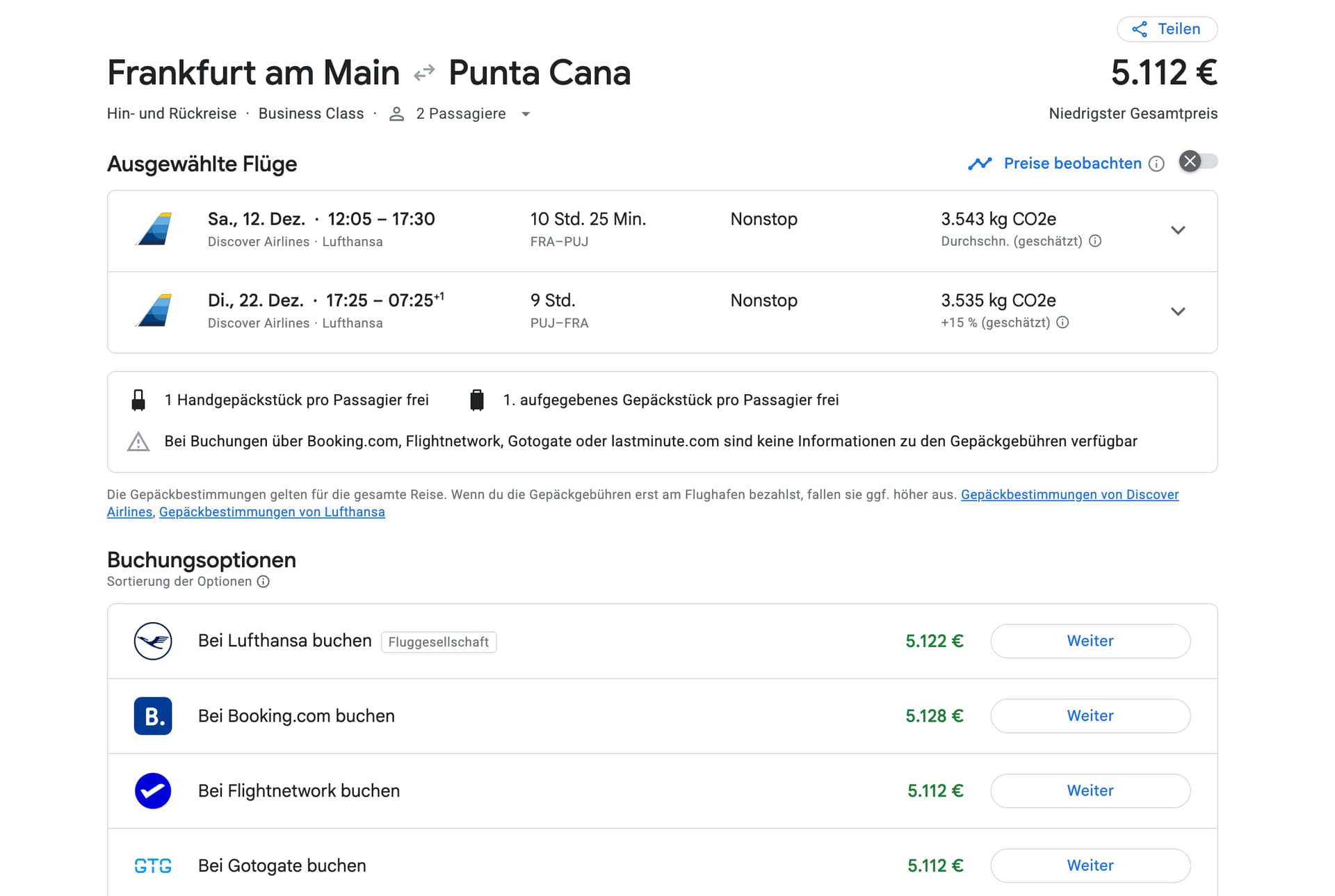 Google Flights Screenshot mit dem Cashpreis von 5.112 Euro für die Business Class nach Punta Cana