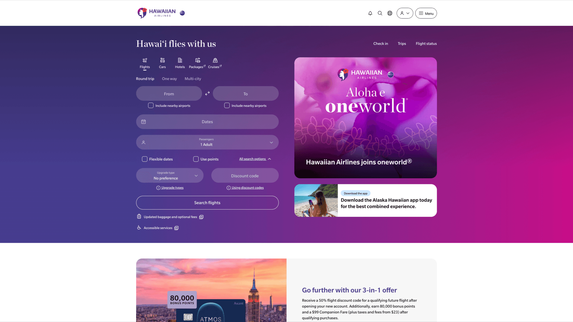 Hawaiian Airlines Website mit oneworld Branding