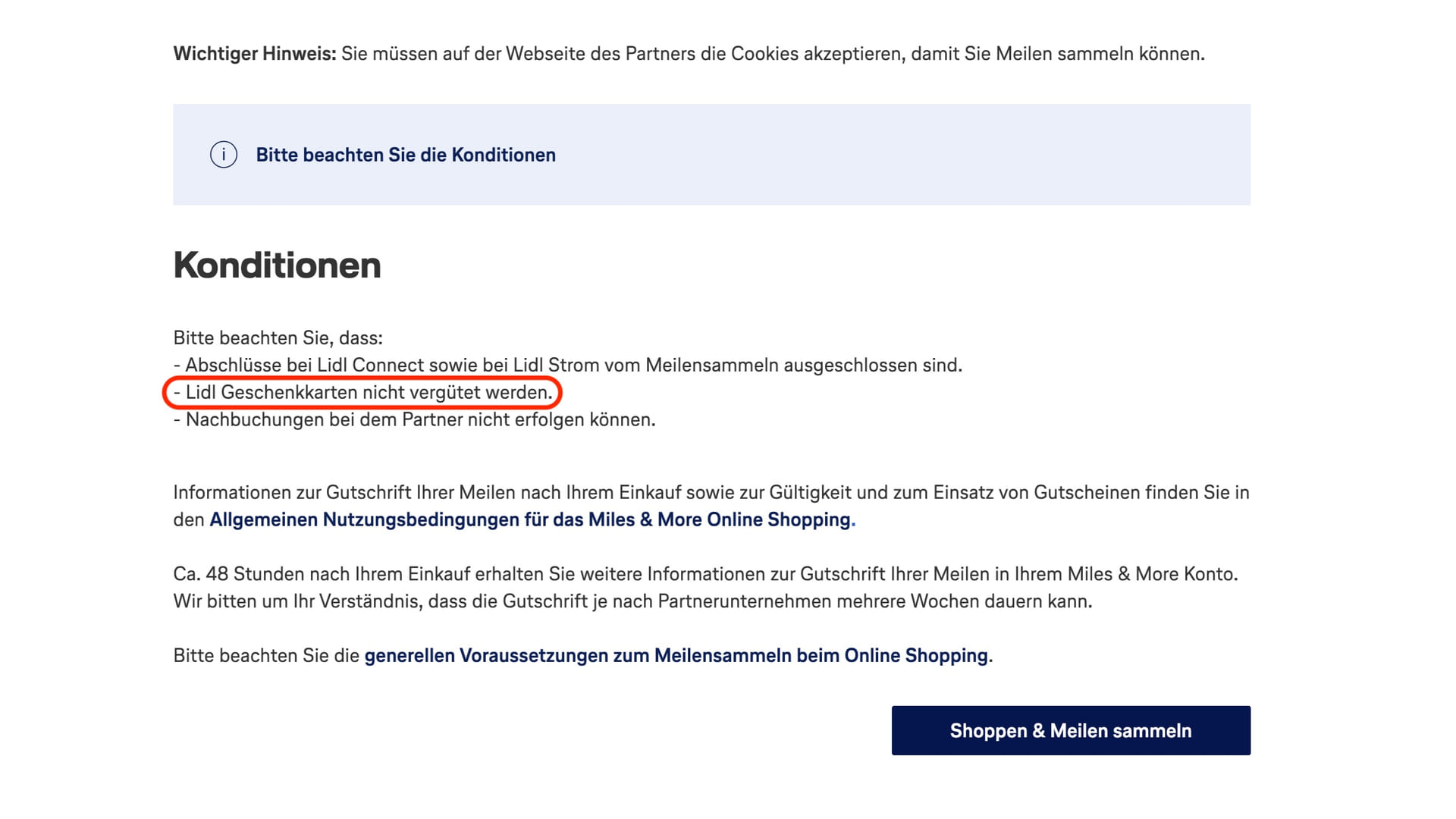 Screenshot der Miles & More Website mit den Ausschlusskriterien für Lidl.