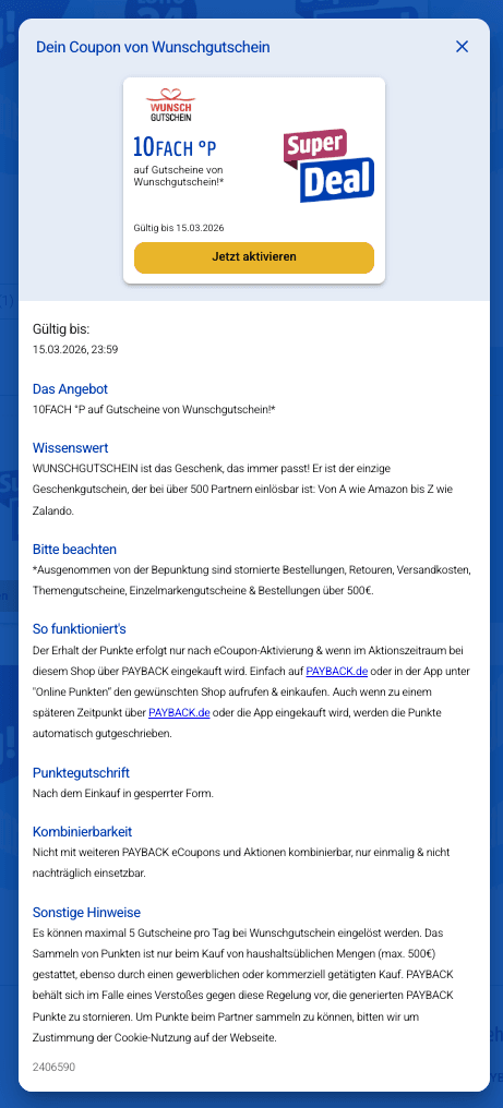 Screenshot der Wunschgutschein 10-fach-Coupon-Bedingungen